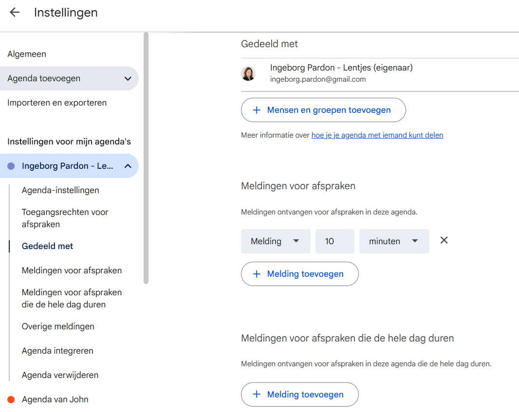 Instellingen delen Agenda