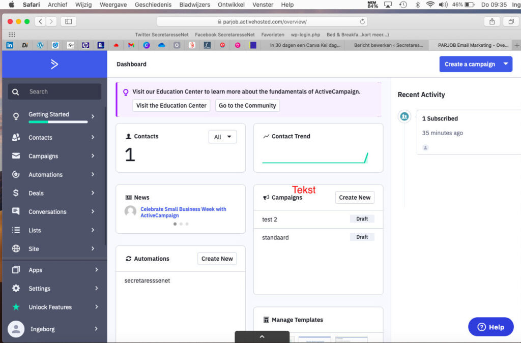 eerste dashboard ActiveCampaign