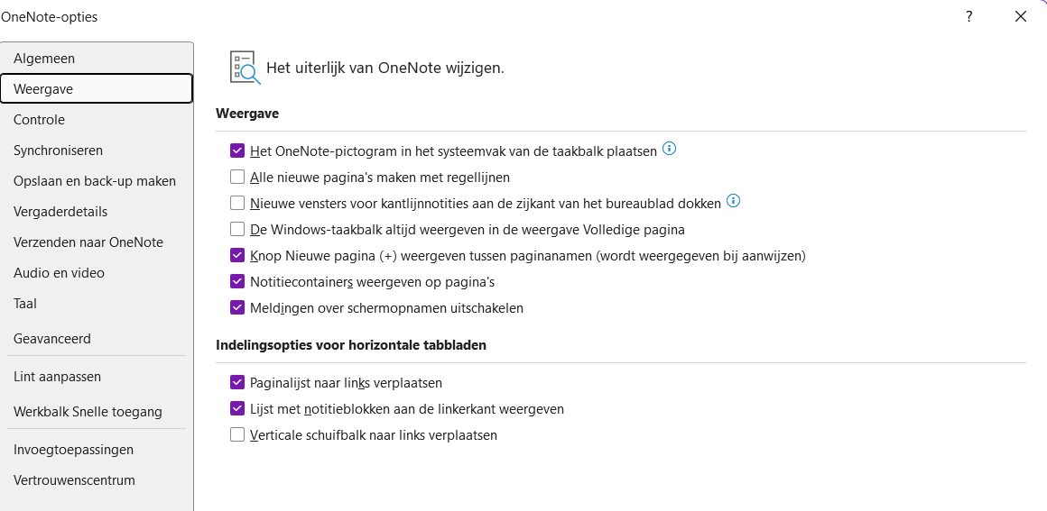 Weergave instellen onenote